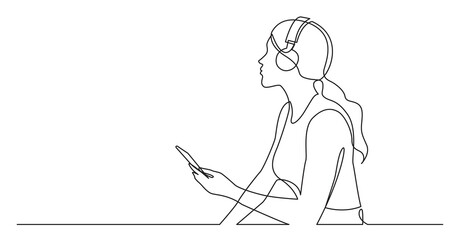 continuous line drawing of woman holding phone listening music in headphones