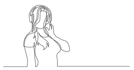 continuous line drawing of long hair style woman relaxing listening music in headphones