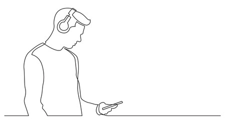 continuous line drawing of young man holding phone listening music in headphones