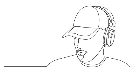 continuous line drawing of young man in hat listening music in headphones
