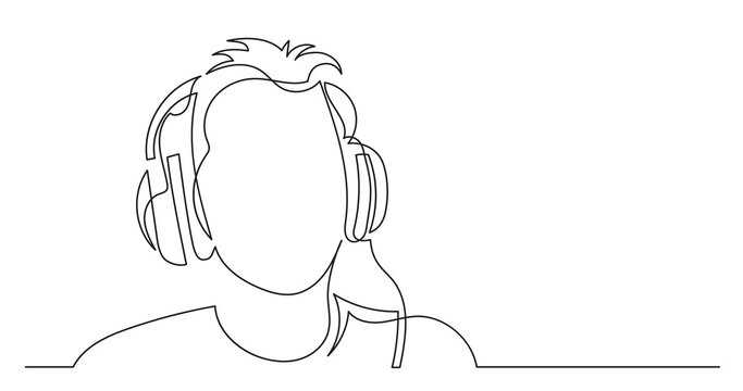 continuous line drawing of young man listening music in headphones