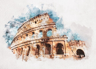 Obraz na płótnie Canvas Watercolor painting of Colosseum in Rome, Italy
