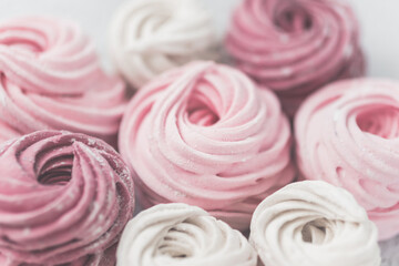 close up of pink and white marshmallows