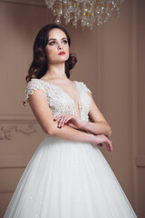 fashion photo of beautiful bride with dark hair in elegant wedding dress posing in room in the wedding morning