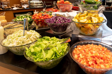 The regional cuisine of Israel. Fresh vegetables and fruits for guests' meals in the hotel. Buffet etiquette