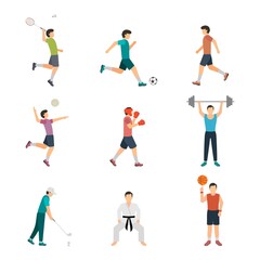 Fototapeta na wymiar Sport people flat icon set with men doing different types of sports isolated vector illustration