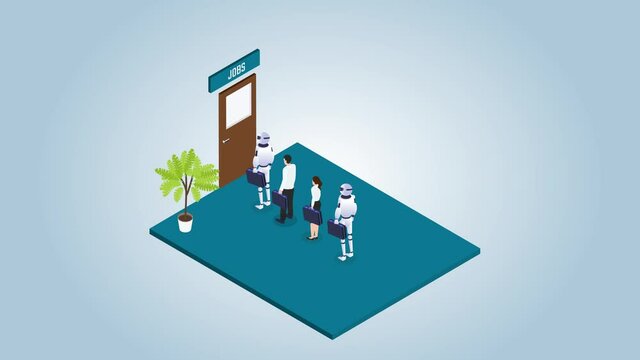 People and robots queue together to job interview