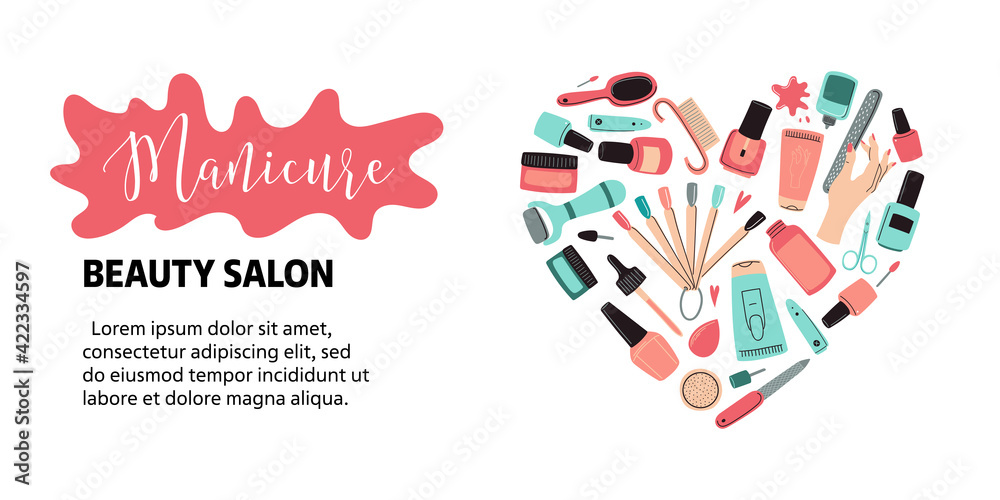 Wall mural vector manicure tools banner. concept of beauty salon, nail design. doodle vector illustration