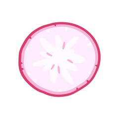 Round slice of radish isolated on white background. Vector illustration in cartoon flat style.