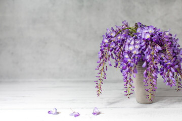 Fresh picked vibrant purple wisteria in a gray vase from a garden in the spring.