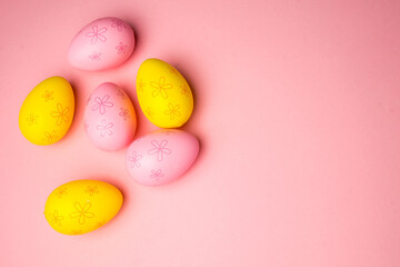  Easter eggs in the nest on light pink background. Promotion and shopping template for Easter