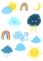 Kids weather symbols, sun and clouds, rainbows, meteorology, kawaii, cute