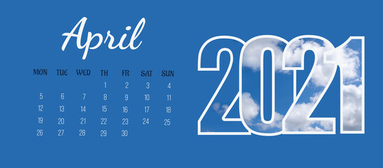 Calendar page: month of April 2021. The name of the month, the days of the week, the numbers of the days and the year on a blue solid background. The concept of a calendar date