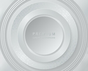 Vector white and silver abstract round luxury frame. Geometric platinum pattern, sparkling sequins on gray background. Premium label design