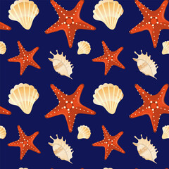 Seamless pattern in the marine theme. Seamless background with starfish and seashells, summer theme. Print, a design element.