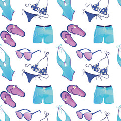 A seamless beach-themed pattern. Seamless background with summer shoes and bathing sets. Print, a design element.