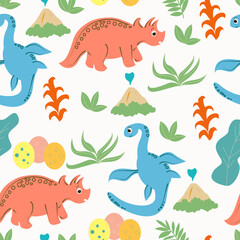 Fototapeta premium Seamless pattern with dinosaurs and tropical plants