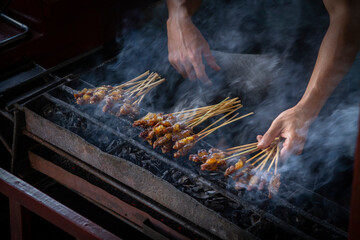 Chicken satay grill at a busy street food market