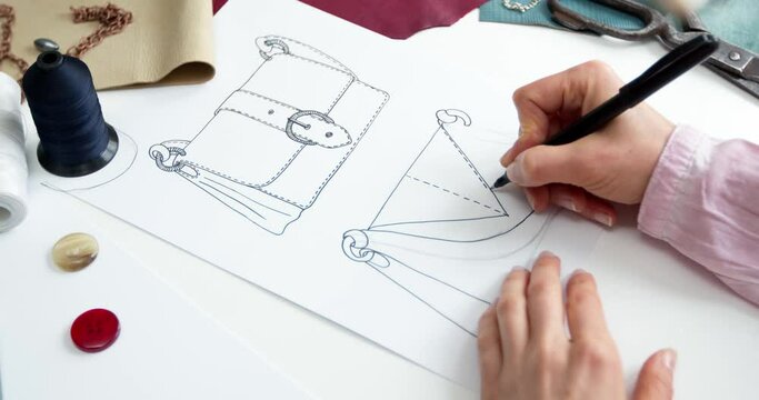 The designer draws a sketch of a woman's bag.