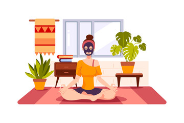 The girl is wearing face mask and taking a yoga