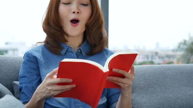 Young asian woman reading book on cozy couch sofa at warm hom. Relax woman holding book read on sofa near window happiness.woman reading open book leisure mind. Happiness woman lifestyle at home