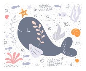 Fototapeta premium Little dolphin with a flower on its side smiles