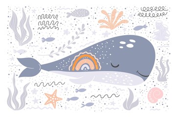 Gray whale with rainbow children illustration for postcard