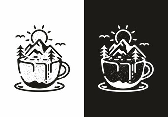 Mountain view coffee line art illustration