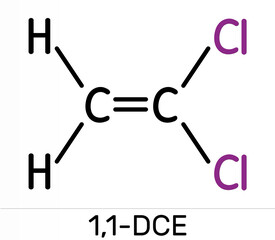 1,1-Dichloroethene, vinylidene chloride, DCE molecule. It is used in the production of polyvinylidene chloride copolymers (PVDC). Skeletal chemical formula