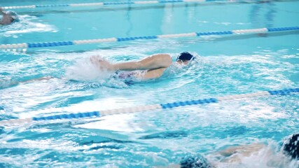 Athletes swim breaststroke in a swimming pool