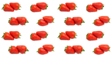 Red fresh strawberry berries pattern on white background. Creative food concept. Food blog, fresh spring fruit background. Design copy space.