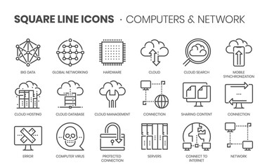 Computers and network, square line icon set