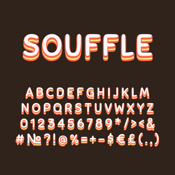 Souffle vintage 3d vector alphabet set. Retro bold font, typeface. Pop art stylized lettering. Old school style letters, numbers, symbols pack. 90s, 80s creative typeset design template