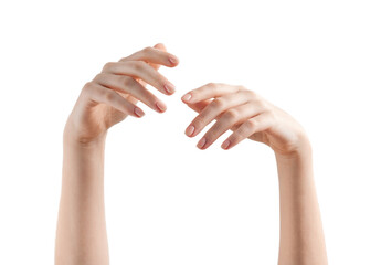 Relaxed two female hands with beige nails manicure on a white background isolated. Beauty salons concept, young woman