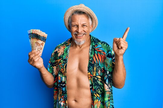Middle age grey-haired man wearing summer style holding canadian dollars banknotes smiling happy pointing with hand and finger to the side