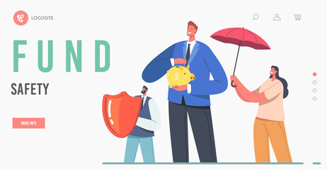 Fund Safety Landing Page Template. Businesspeople Stand under Umbrella with Piggy Bank and Shield Protect Money
