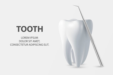 Vector 3d Realistic Tooth and Dental Probe for Teeth Closeup on White Background. Medical Dentist Tool. Design Template, Clipart, Mockup. Dentistry, Healthcare, Hygiene Concept