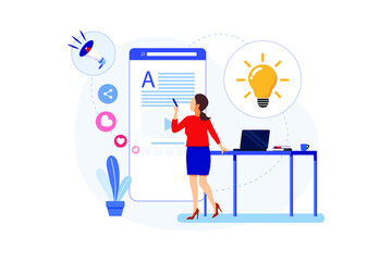 Female author writing content for website, banner, social media, mobile app...