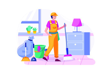 Cleaning man holding broom satisfied with clean house. 