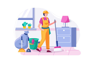 Cleaning man holding broom satisfied with clean house. 