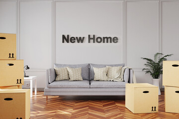 minimalistic elegant living room interior with stacks of moving boxes and vintage sofa in front of new home lettering  3D Illustration © Imillian