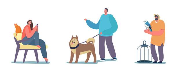 People and their Pets, Happy Man with Husky Puppy on Leash, Woman Sitting on Chair at Home with Cat. Love to Animals.