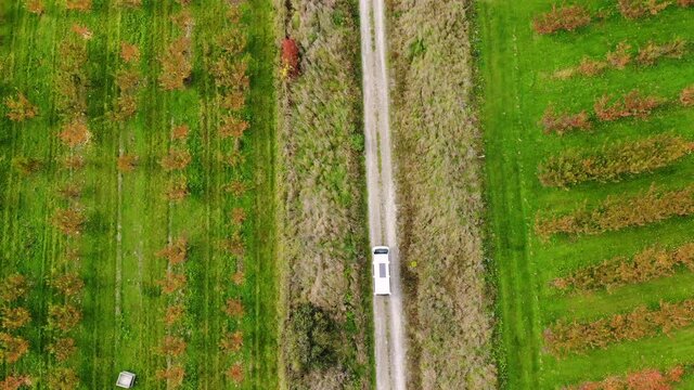 Aerial look down to white van on gravel road. New Zealand rural area.
