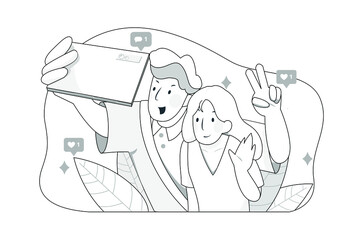 Happy couple are take selfie. Man and woman are photographed together. 