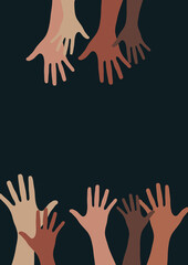 Raised hands, open palms. The concept of charity, volunteering, love, kindness, equality, racial and social issues. Vector illustration