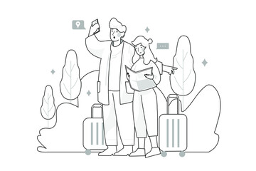 Couple of tourists consulting a city guide and smartphone gps in the street searching locations