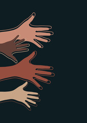 Raised hands, open palms. The concept of charity, volunteering, love, kindness, equality, racial and social issues. Vector illustration