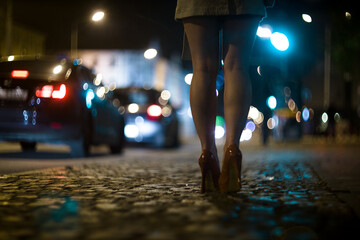 Shapely female legs in high heels on the street against the background of the lights of moving cars. - obrazy, fototapety, plakaty