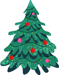 Christmas tree vector illustration with snow and christmas toys 