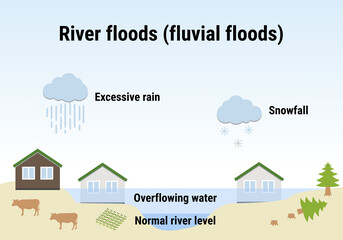 River floods, fluvial floods. Flooding infographic. Flood natural disaster with rainstorm, weather hazard. Houses covered with water. Global warming and climate change concept. - obrazy, fototapety, plakaty